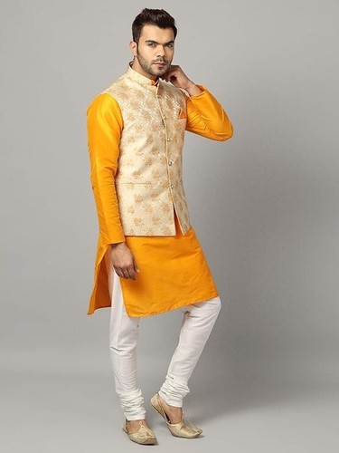 Men's Silk Blend Kurta & Churidar Pyjama With Ethnic Bundi Jacket | 3 In 1 | - Imagen 128 de 182