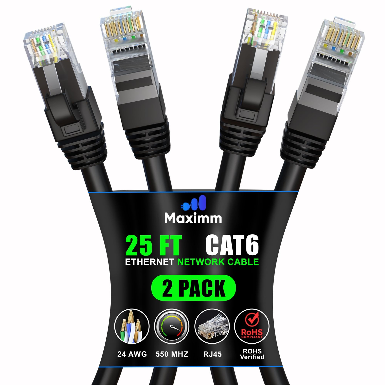 Maximm Cat 6 Ethernet Cable 25 ft 2-Pack High-Speed LAN Network Cable-image