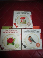 Lot of 3 KIKKERLAND Mini Counted Cross Stitch KITS w/HOOPS - ROSE-BIRD-MUSHROOM