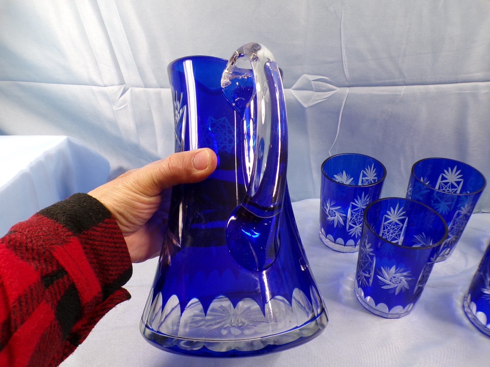 Cobalt Blue Cut to Clear Crystal Water Set - Pitcher & 5 Tumblers