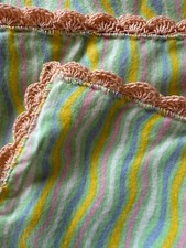 VTG Handmade Flannel Baby Receiving Blanket Crochet Edge 36  x 42  Wavy Stripes
