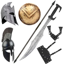 Hand Forgan Carbon Steel Medieval 300 Spartan Sword, Helmet, Spear, and Shield .