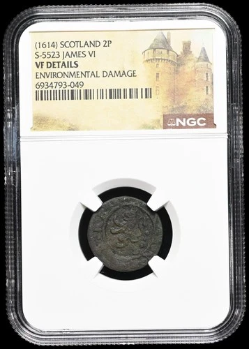 SCOTLAND. James VI, 1614. Copper Twopence, NGC VF Details