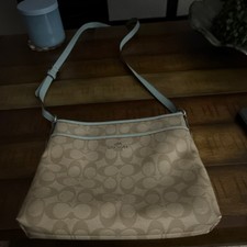 Coach Beige Logo Shoulder Bag Light Blue Strap Accent Zip Closure Adjustable