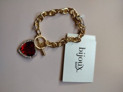 Bijoux  ~ Bar Gold Tone Women's 7.5 Inch Link Heart Chain Bracelet  Toggle Clasp
