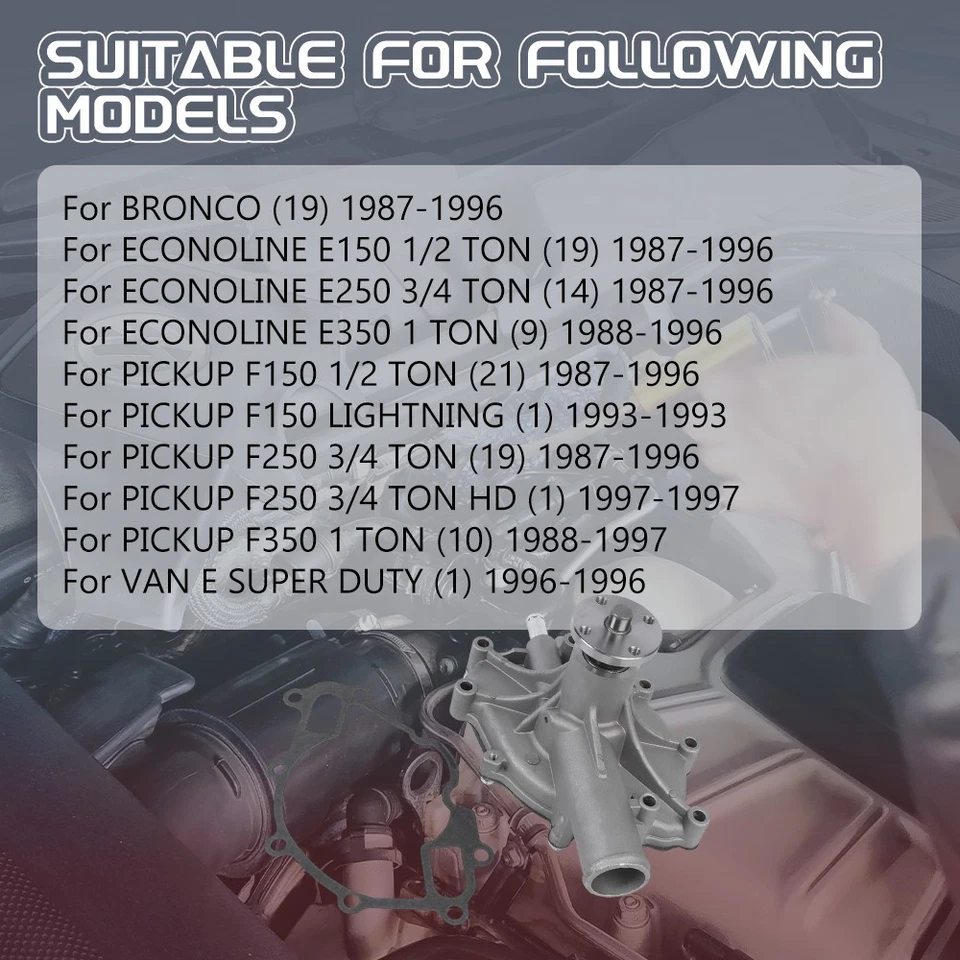 Water Pump W/Gasket AW4044 For 1989-1996 Ford F-150 F-250 F-350 Bronco V8 US Foto 2 de 4