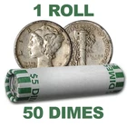 1 roll, 50 coins, Mercury Dimes. All Dates No culls. Extra Fine to AU. Fast Ship