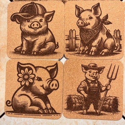 Humorous Pigs, Cork Coasters. Laser engraved, 4   Square .