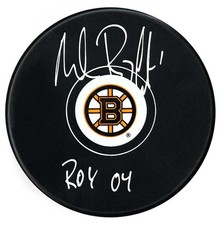 Andrew Raycroft Autographed Boston Bruins ROY Inscribed Puck (Small Logo) NO TAR