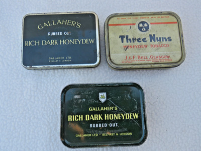 3 x Vintage 2oz Tabakdosen Inc J & F Bell Three Nuns Gallaher's Rich Dark Hone