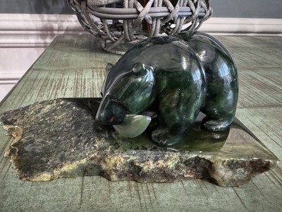 Canadian Jade Stone Sculpture Bear Fish Alaskan Native Indian Hand Carved & Base