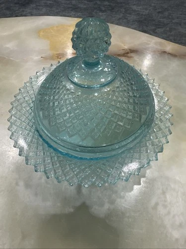 Vintage Anchor Hocking Miss America Blue Depression Glass Covered Butter Dish 6”