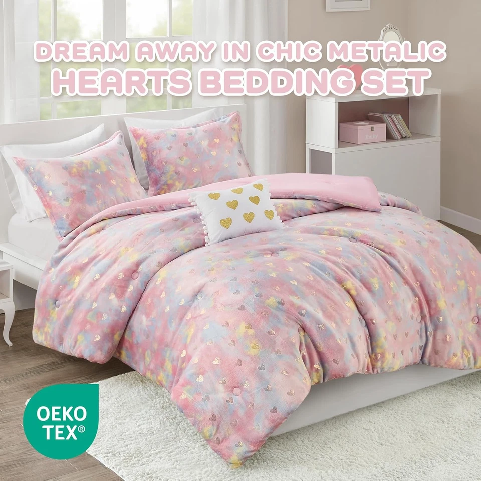 Juego de edredón doble Mi Zone, juego de dormitorio de 3 piezas corazones metálicos para niñas, doble Foto 2 de 4