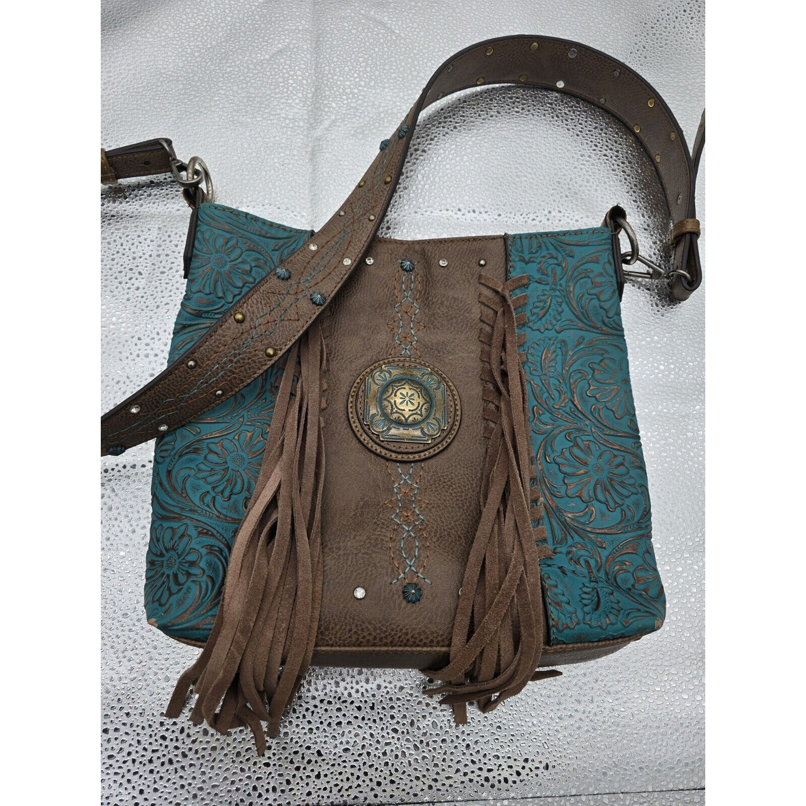 Turquoise Floral Leather Fringe Crossbody Bag with Studs & Rhinestones