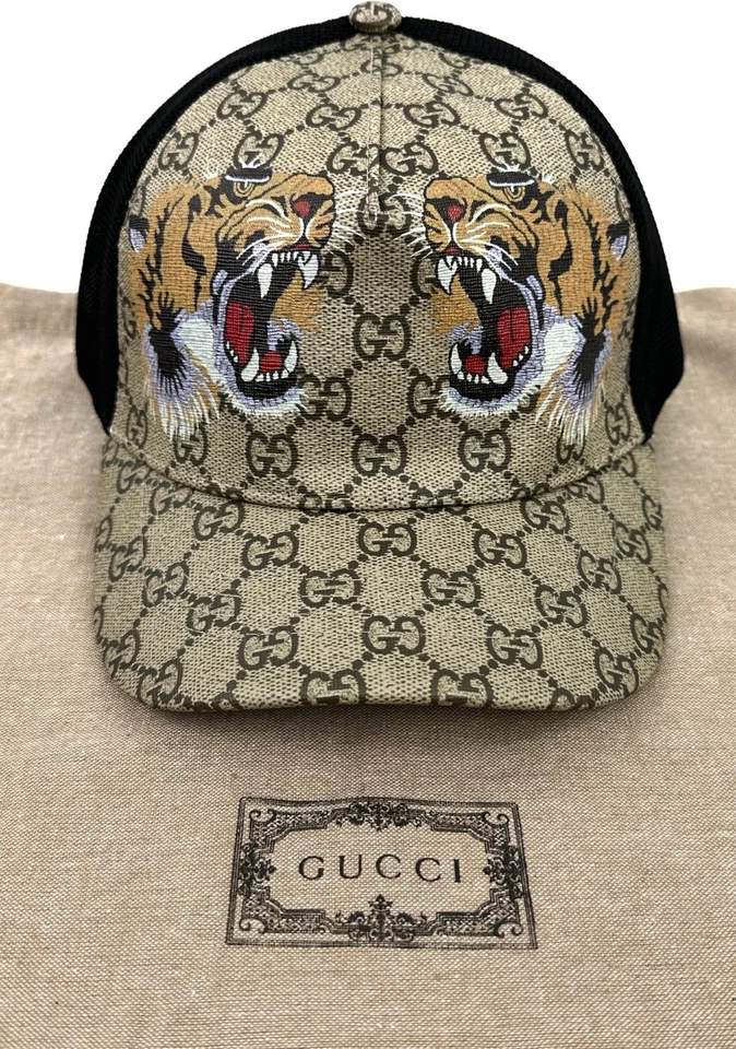 Gucci GG Monogram Tiger Print Mesh Baseball Cap Hat Beige Size L - Image 2 of 4