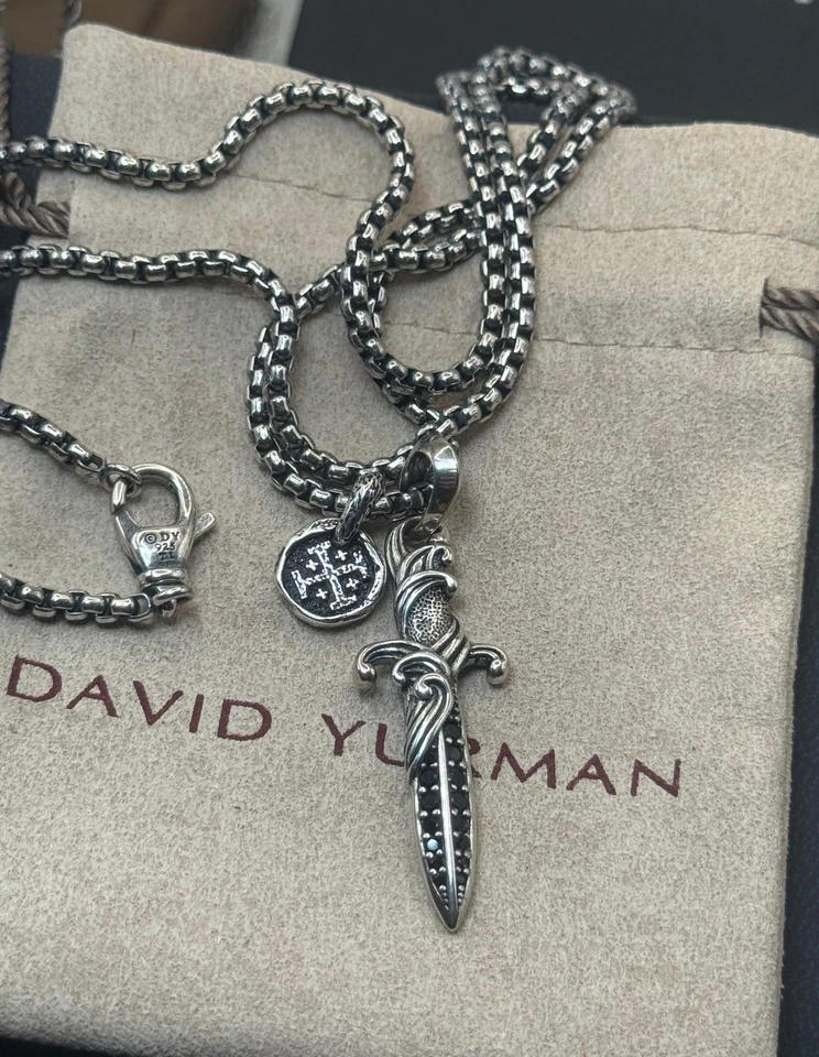 Colgante David/Yurman Plata 2 Ondas Daga Colgante y Cadena Diamantes Negros 24 pulgadas Foto 3 de 4