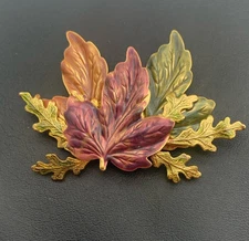 Tri-colored Enamel And Gold Tone Leaf Brooch Leaves Nature
