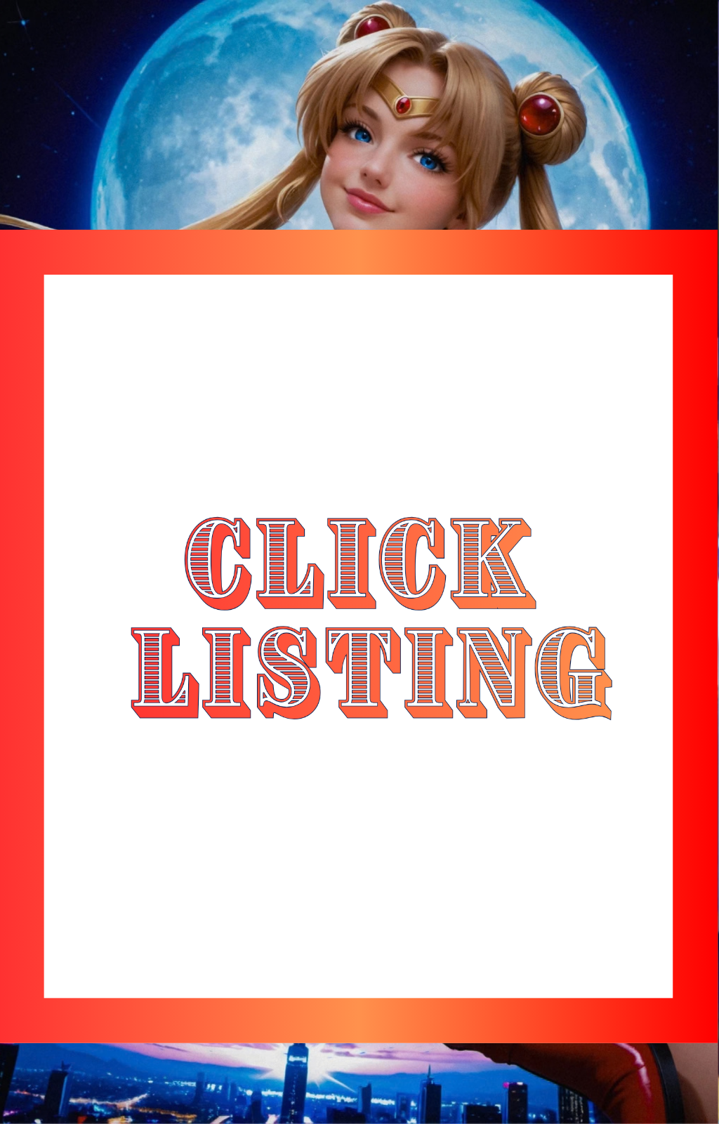 2026 Fantasy of Cosplay comic cover with Sailor Moon in white outfit, red box text "CLICK LISTING" and orange banner.