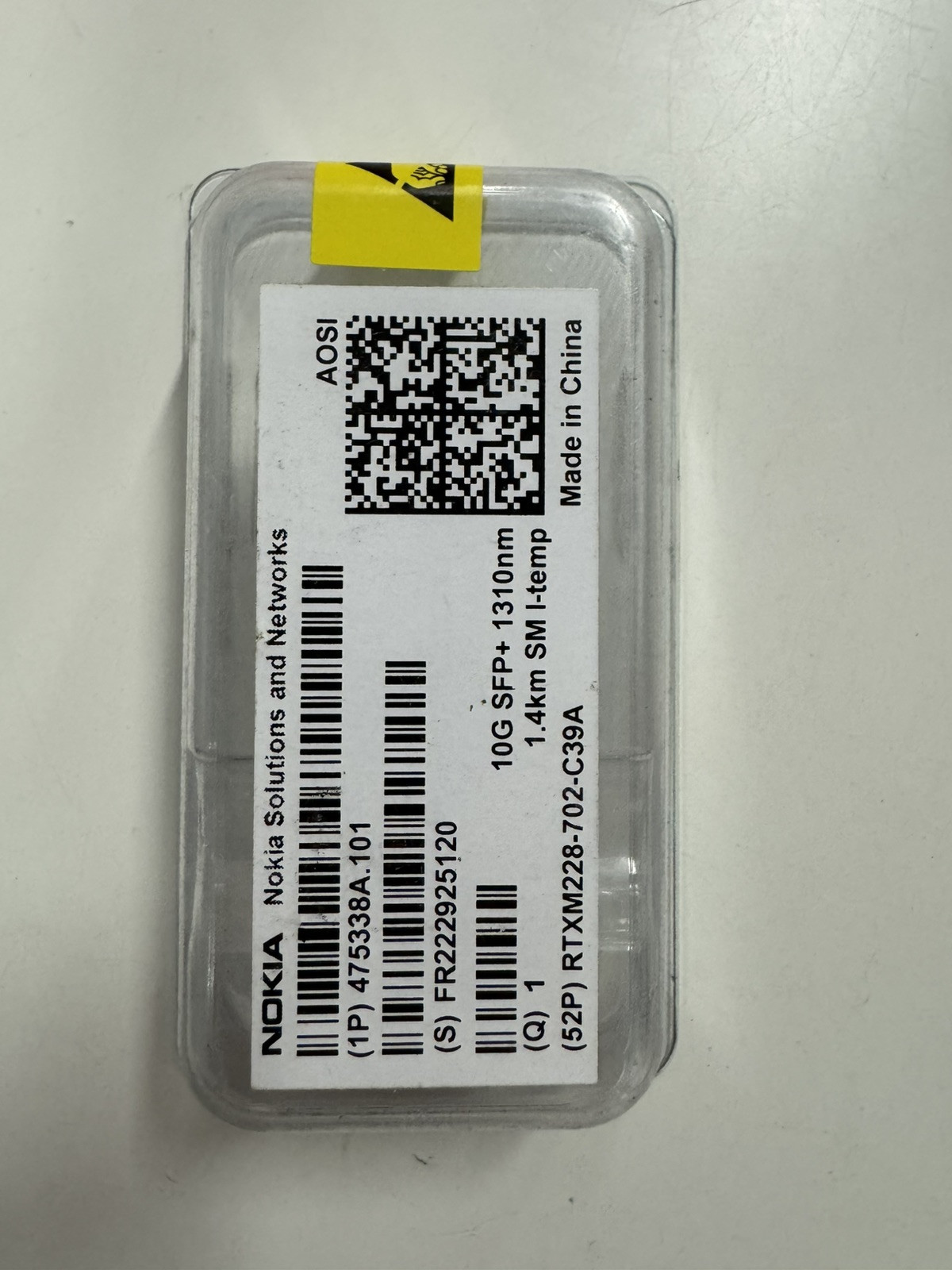 Nokia AOSI 10G SFP+ Optical Module 1310nm 1.4km SM M-Temp Class 1 Laser, New
