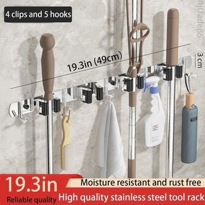 4 Racks 5 Hooks Mop and Broom Holder Wall Mount, Broom Organizer Storage Tool