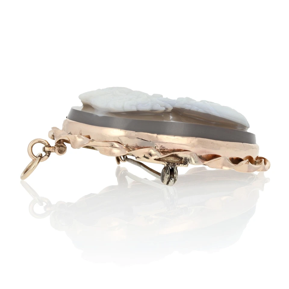 Or Jaune Sculpté Pierre Dure Agate Art Déco Broche/Pendentif - 10k Vintage Cameo - Photo 2/4