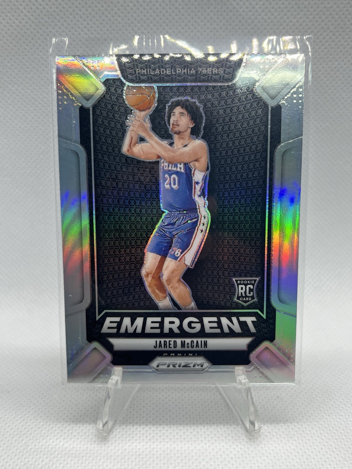 Jared McCain 2024-25 Panini Prizm #19 (RC) Emergent Silver Prizm Thunder 76ers