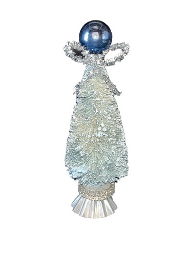 VTG 5” Blue Bottle Brush Tree Flocked Glass Christmas Ornament Wood Rhinestone - Picture 2 of 13