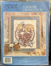 Candamar Cat on Heart Ribbons Flowers Sweet Kitty Counted Cross Stitch Kit NEW