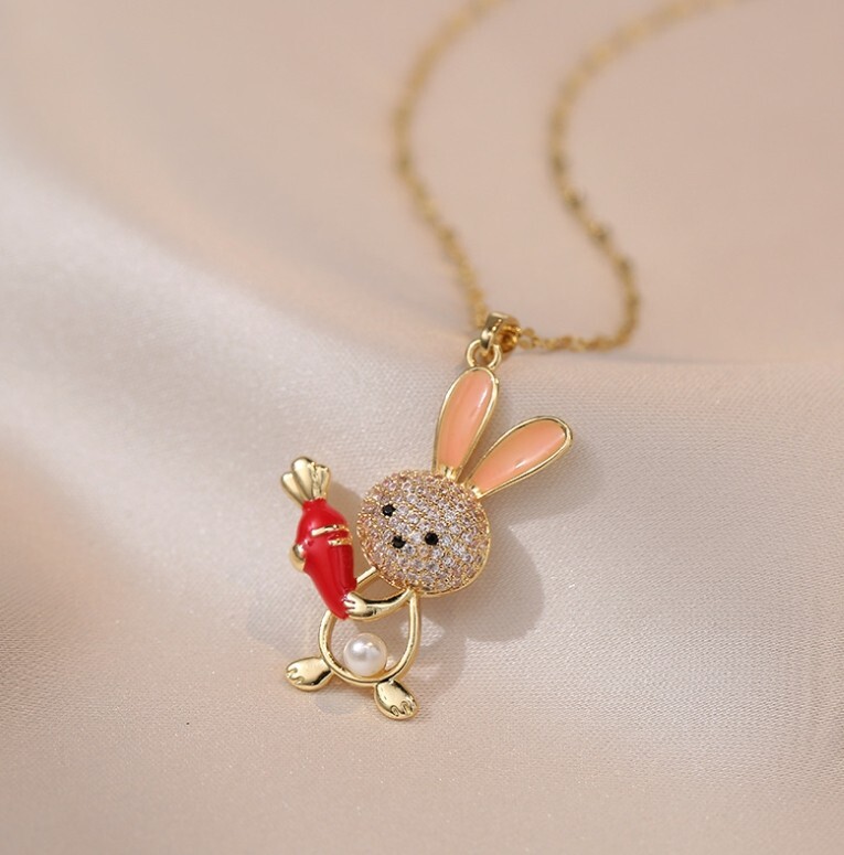 Gold Titanium Pink Rabbit Love Red Carrot Pearl CZ Pendant
