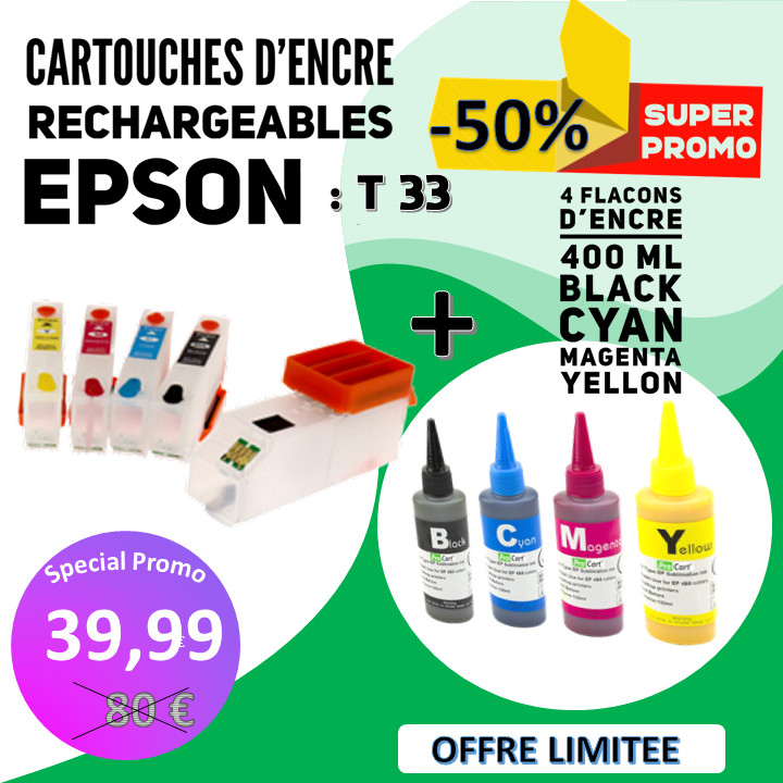 Cartouches T33 rechargeables compatibles Epson et lot de 4 bouteilles d'encre pour impression