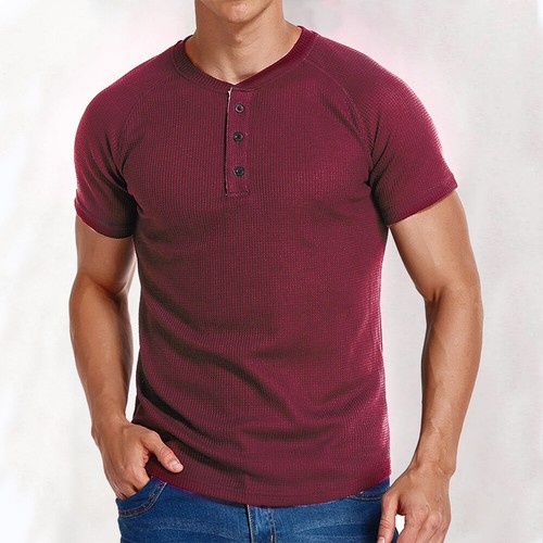 Mens Henley Shirts Short Sleeve Ribbed Buttons Grandad Casual T Shirt Tops Tee - Picture 23 of 26