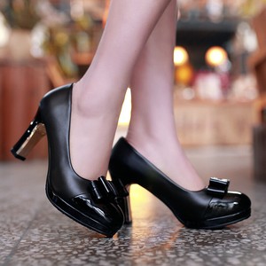 Lady Patent Leather Block High Heels Bow Knot Women Round Toe Fashion Pump Shoes