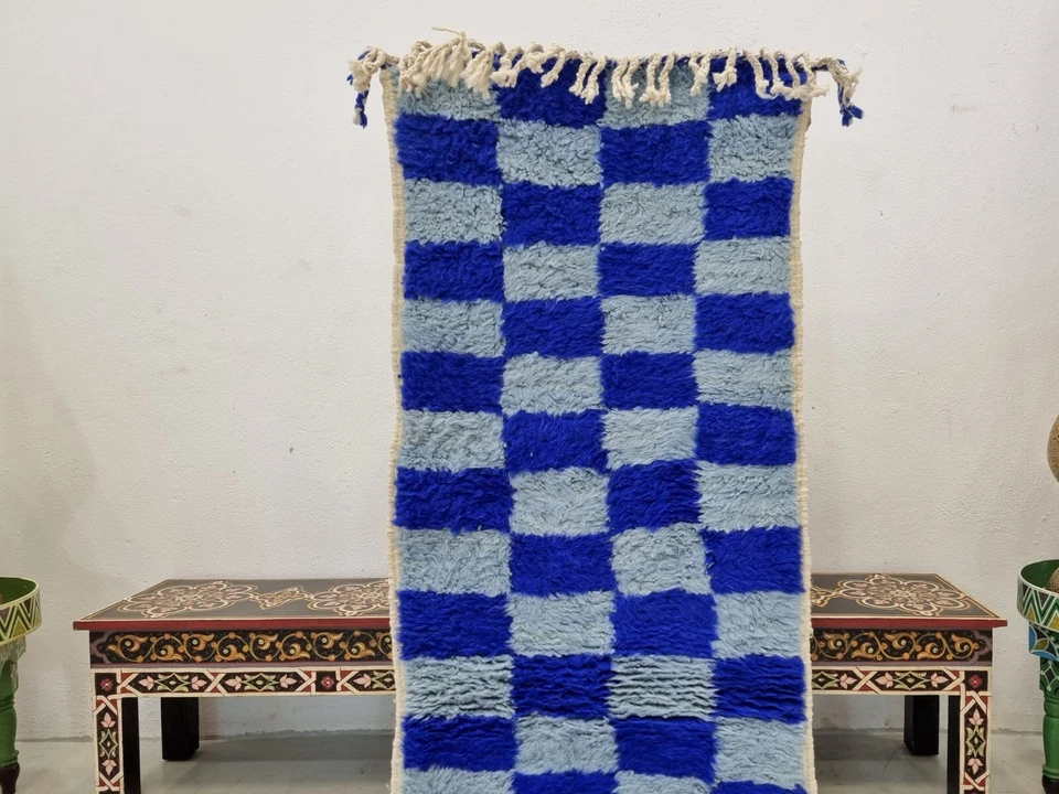 Alfombra de lana azul a cuadros bereber marroquí hecha a mano Beni Ourain Runner 2'1x7'2 Foto 3 de 4