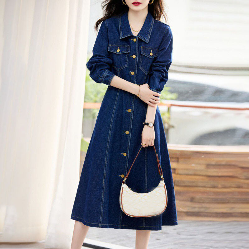 Korean Denim Long Blue Denim Dress Fashion Women's Denim Button A
