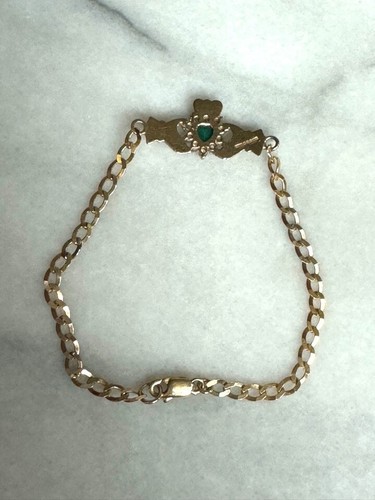 IRISH 14K YELLOW GOLD EMERALD AND CZ CLADDAGH BRACELET - Picture 6 of 9