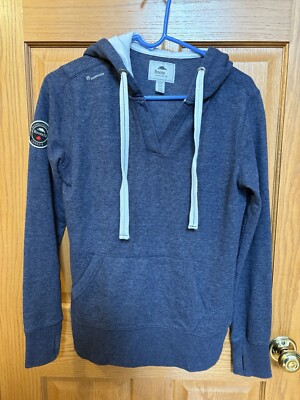 Roots Woman s Med Logo Blue Chambray Hoodie EUC