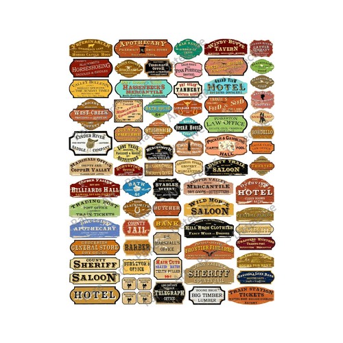 72 Western Frontier Stadtschilder, Old West Modelleisenbahn & Puppenhaus Stickerbogen
