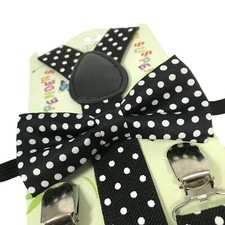 "BLACK POLKA DOT" Matching Suspender  Bow-Tie Set Kids Toddler Baby Boys Girls
