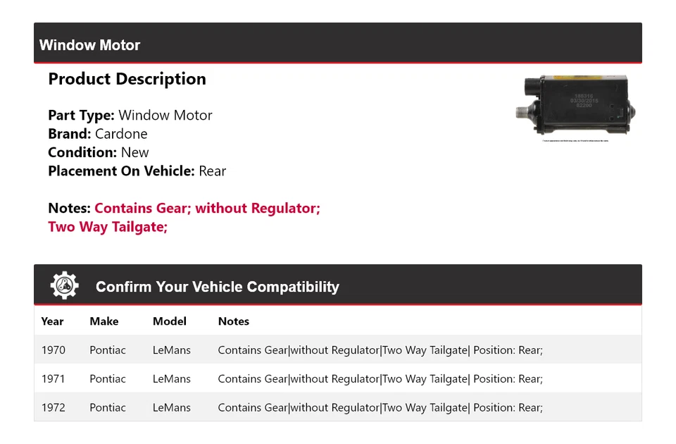 Para Pontiac LeMans 1970-1972 Ventana Motor Trasero Cardone 1971 Foto 2 de 3