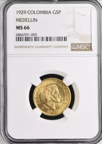 :1929 GOLD 5-PESO COLOMBIA BOLIVAR NGC MS66 RARE R6 27/19 LOW POP HIGHEST GRADES