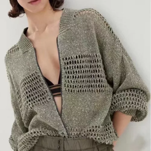 Brunello neu Cucinelli Damen Netz Leinen Pailletten Cut-Out Cardigan Freizeit Mantel - Bild 2 von 8
