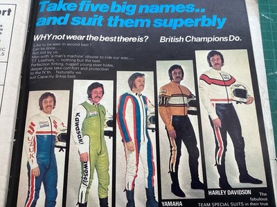 MICK GRANT TT LEATHERS FULL RACING SUIT WERBEZEIT 70er MOTORRADARTIKEL.