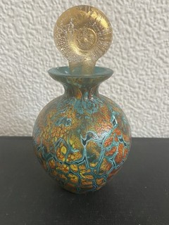 Stunning Art Glass Perfume Bottle Green & Gold Decorative Vintage Collectible