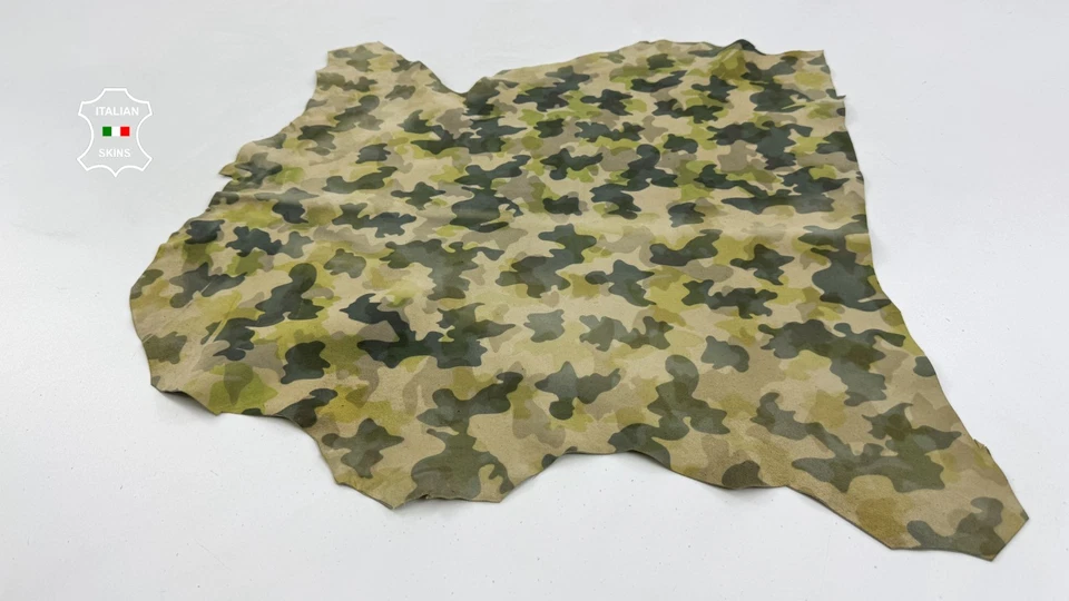 GREEN CAMOUFLAGE PRINT ON IVORY SUEDE Soft Lambskin Leather 3sqf 0.8mm #C6070 - Image 2 of 4