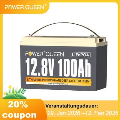 Power Queen 12V 100Ah Lithium Batterie LiFePO4 Akku mit 100A BMS für Wohnhäusern