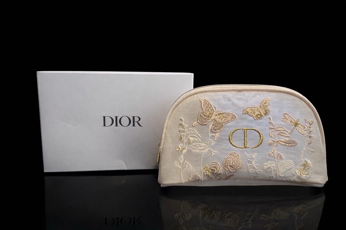 Dior ディオール ポーチ Dior Embroidered Butterfly Cosmetic Pouch CD Zip Makeup Bag Cream