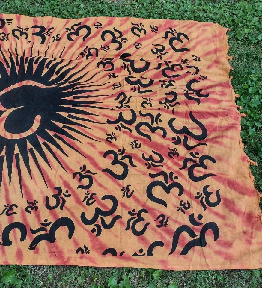 Hand Dyed Hand Painted OM Mandala Indian Wall Hanging Throw Wrap Tapestry Orange - Image 2 of 4