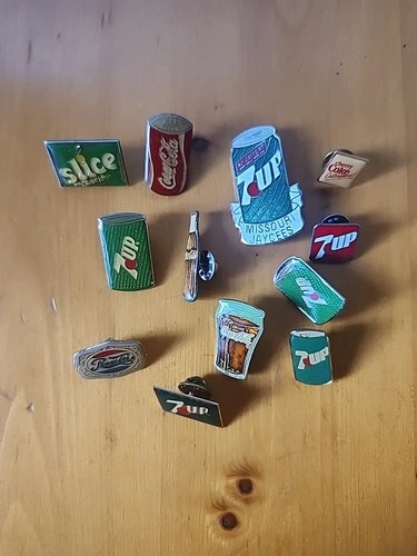 Vintage Lot  Of 12 Soda Pop Pins Coke 7 Up Pepsi Coca Cola Slice