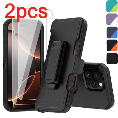 For iPhone 16e Plus Pro Max/16 Case Shockproof Rugged Belt Clip+2xTempered Glass