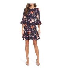 Eliza J Blue Multicolor Floral Bird Design Women Dress Size 4P Boho Feminine